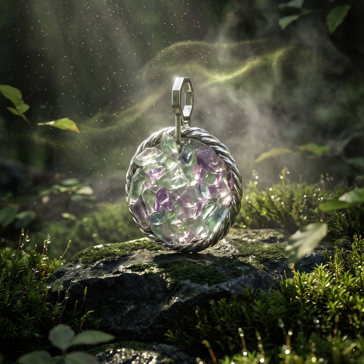 Amulet tensorowy z Fluorytem - Srebro 925 pokryte platyną