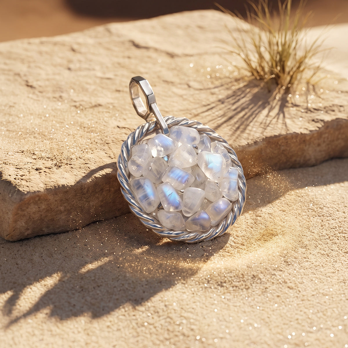 Amulet tensorowy z Kamieniem Księżycowym - Srebro 925 pokryte platyną