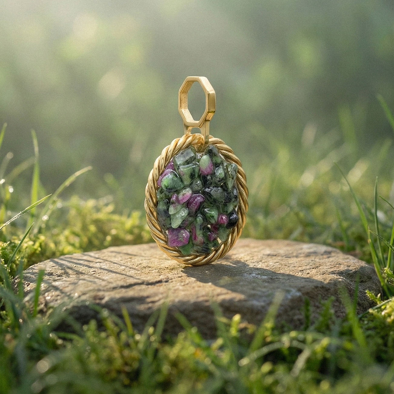 Amulet tensorowy z Zoizytem z Rubinem – Mosiądz pozłacany